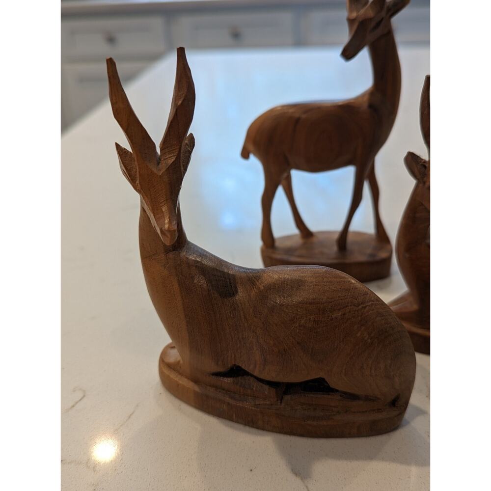 Carved Antelopes Set Of 3 Teak Wood Sculptures Hand carved Safari African... - Picture 3 of 14